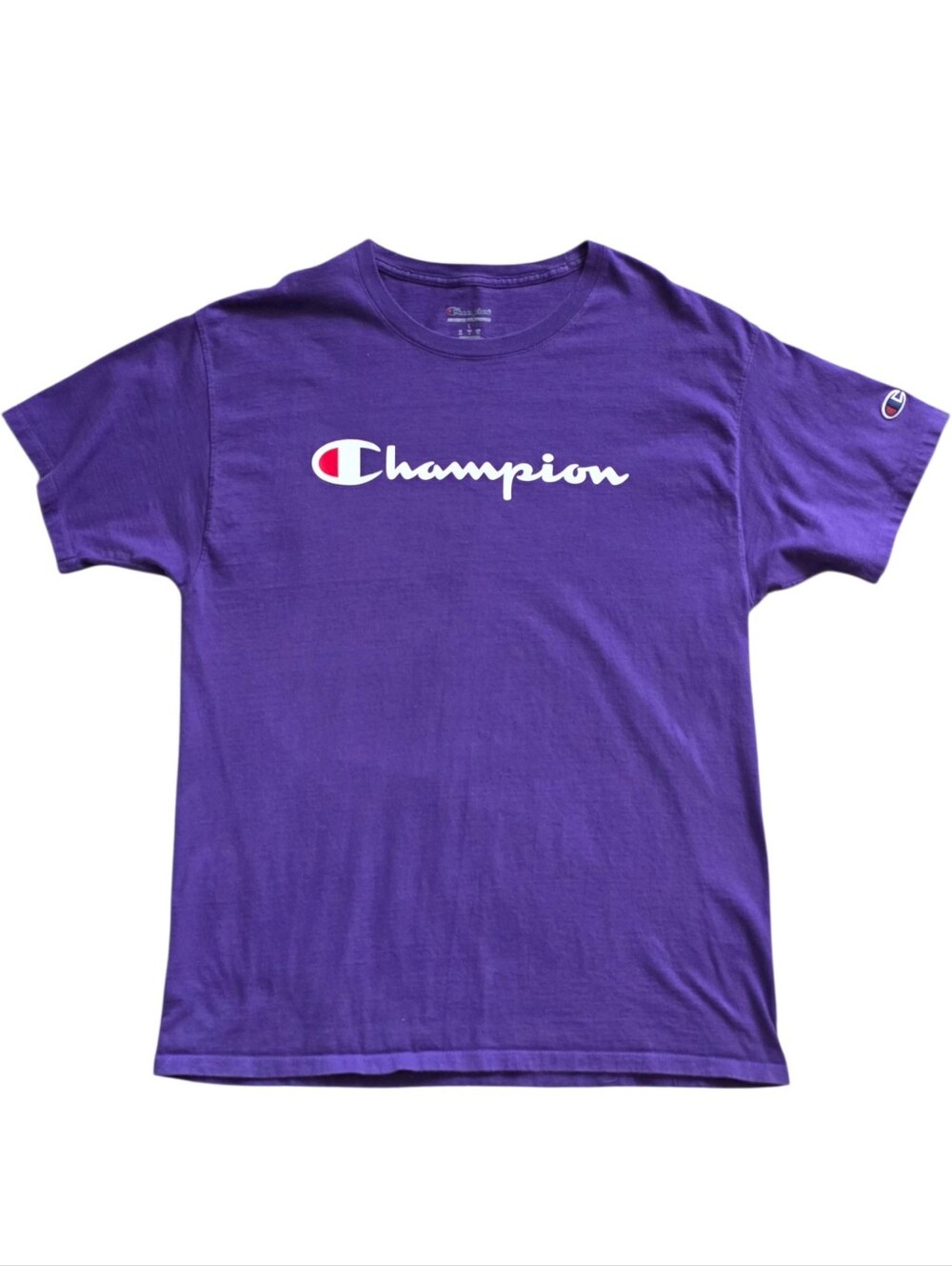 ​Champion Large Purple Script Logo Crew Neck Athleisure Tee Shirt